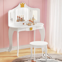 Keezi Kids Dressing Table Vanity Makeup Chair Set Wooden 3 Mirror Drawer White