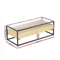 Artiss Coffee Table 2 Drawers Glass Tabletop Pine