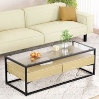 Artiss Coffee Table 2 Drawers Glass Tabletop Pine