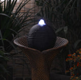 Solar Powered Rattan Pillar and Bowls Water Fountain Feature w. LED Light SL296